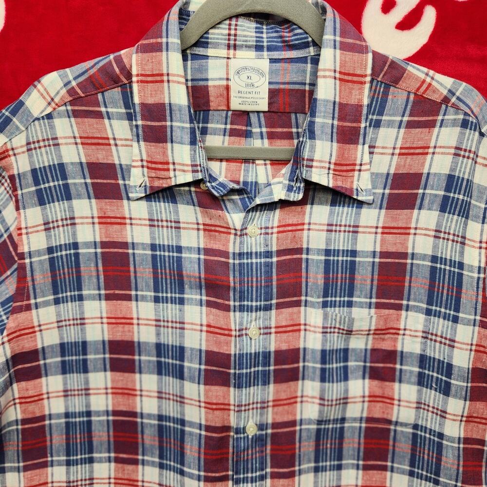 Brooks Brothers 1818 Regent Fit Linen Shirt Mens XL Red Blue Plaid Short Sleeve